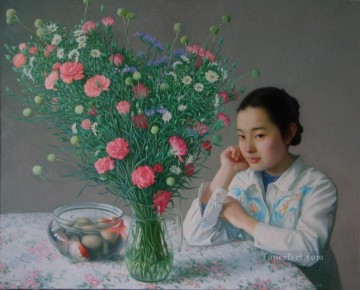 Carnation 2 Chinese Girls Oil Paintings